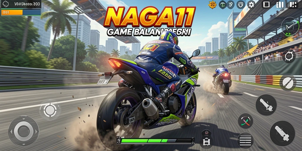 Tampilan utama NAGA11 menampilkan aksi balap motor yang cepat dan mendebarkan.