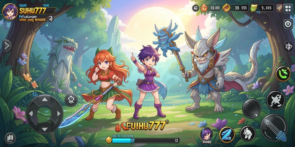 Tampilan gameplay SUHU777 yang menampilkan karakter anime dalam pertempuran.