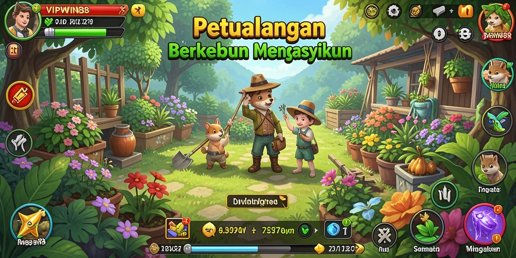 Tampilan gameplay <strong>VIPWIN88</strong> yang menarik dengan aktivitas berkebun yang seru.